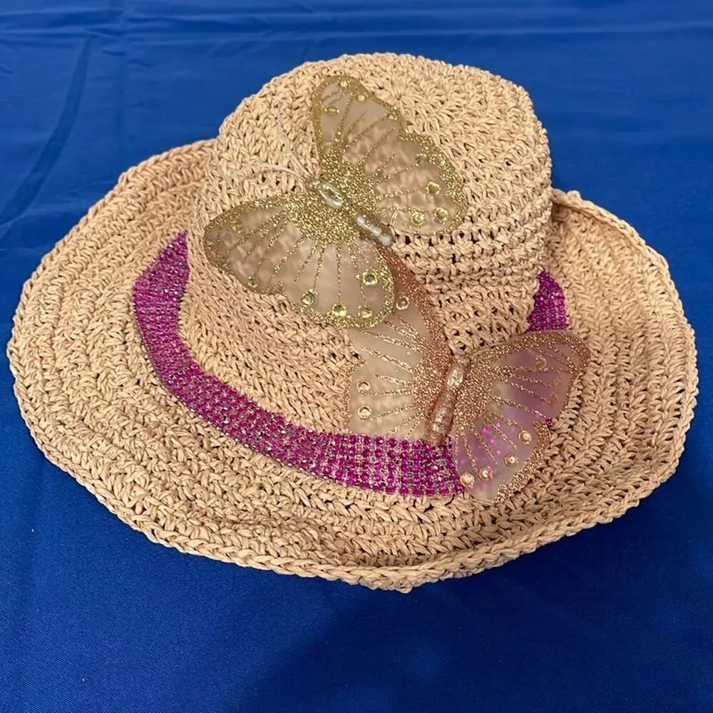 Unbranded Women’s Hat Natural Fiber Butterflies And Beads Embellished